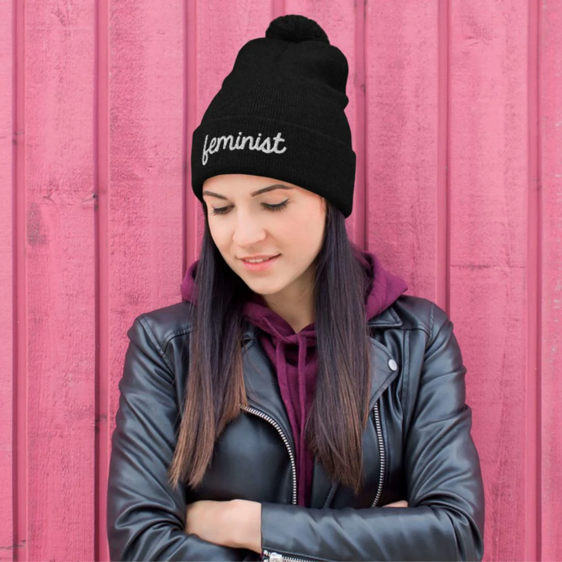 Feminist Embroidered Pom Pom Beanie Hat - Image 2