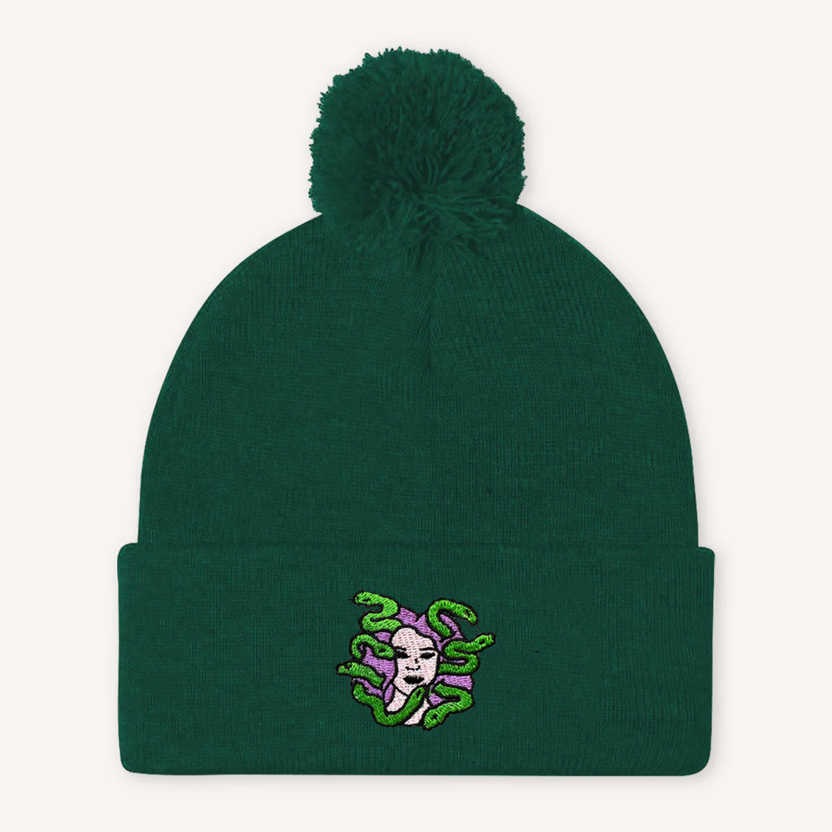 Medusa Embroidered Pom Pom Beanie Hat