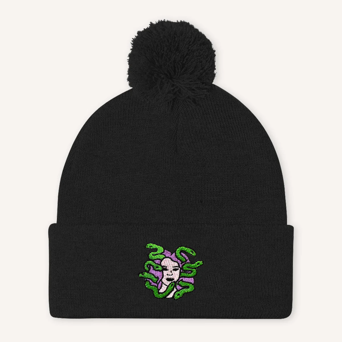 Medusa Embroidered Pom Pom Beanie Hat - Image 2