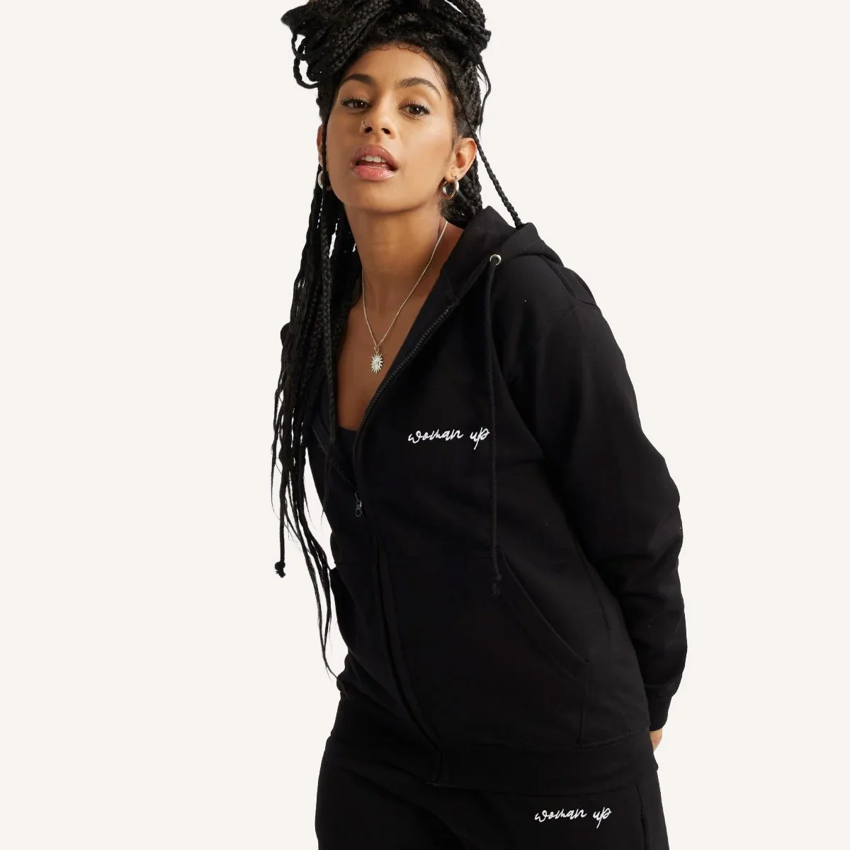Woman Up Embroidered Detail Zipped Hoodie - Image 2